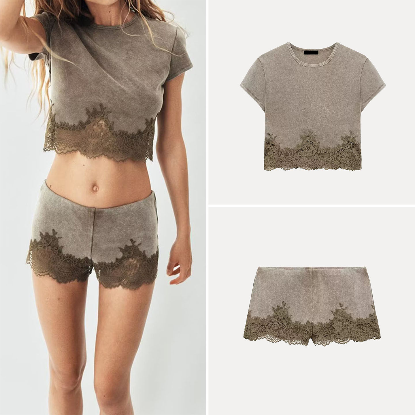 Womens Short Sleeve Lace Trim  - Wash Effect Set 评论和价格